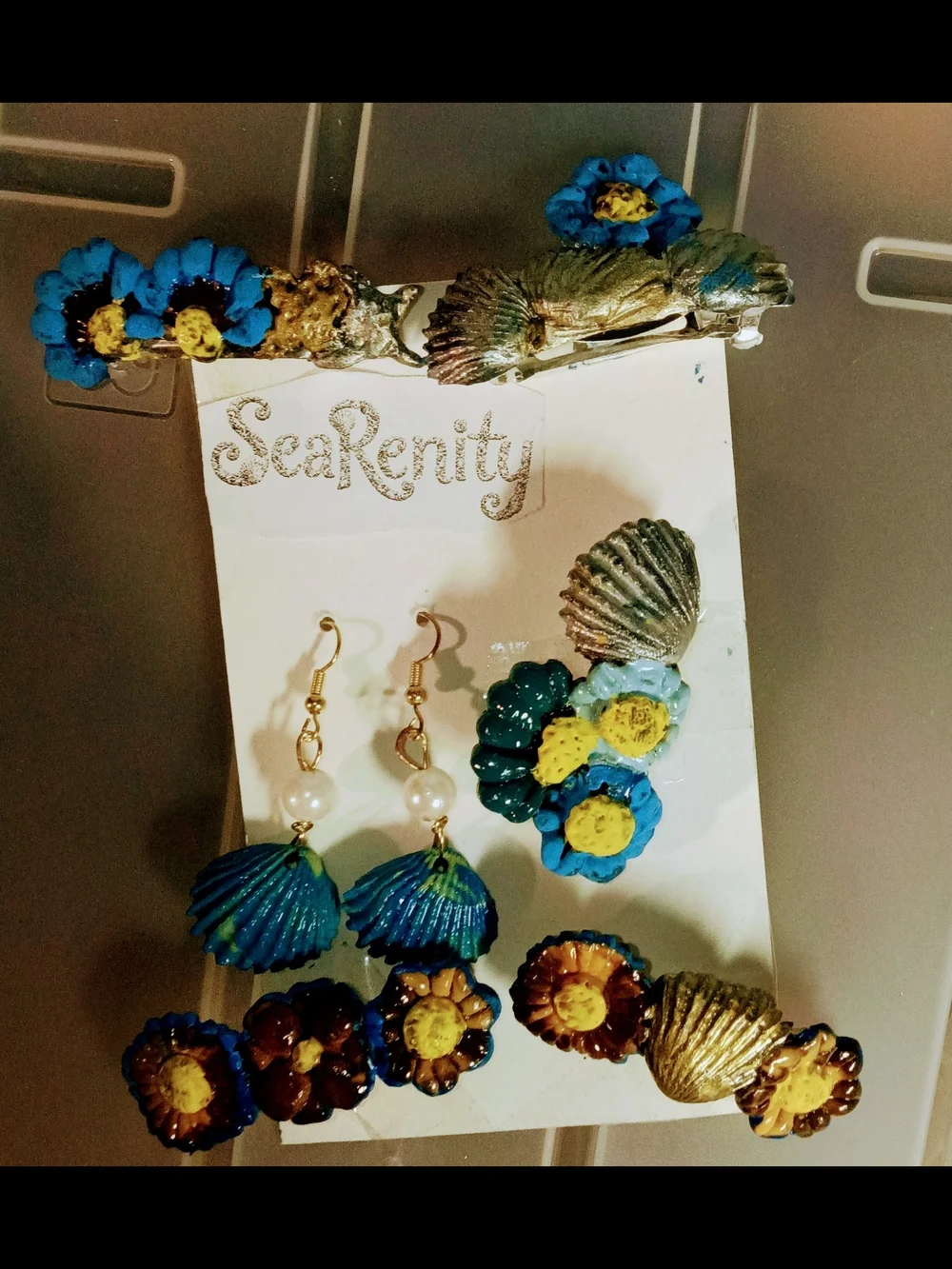 Serenity Blue & Gold Seashell Barrette and Earring Set